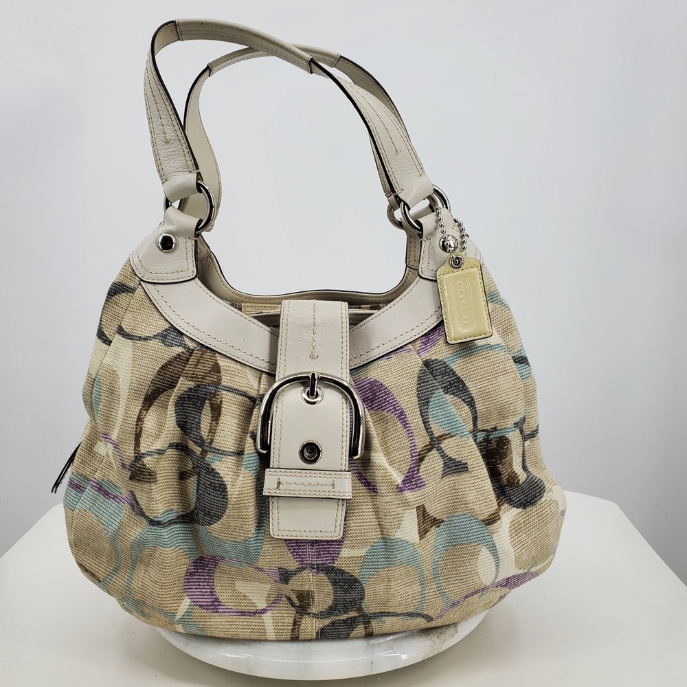 Coach Lynn Soho Textured Signature Pleated Hobo Bag Cream Leather F16592 Y2K